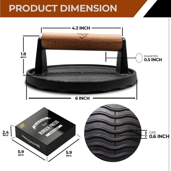 Macks Goods Cast Iron Burger Press with Wooden Handle (063) - Picture 2 of 5